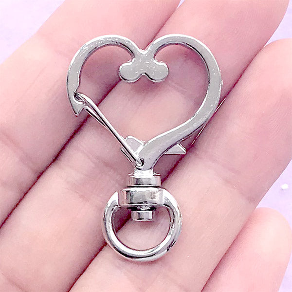 Silver Heart Snap Clasp with Swivel Ring, Cute Lanyard Hook, Kawaii, MiniatureSweet, Kawaii Resin Crafts, Decoden Cabochons Supplies