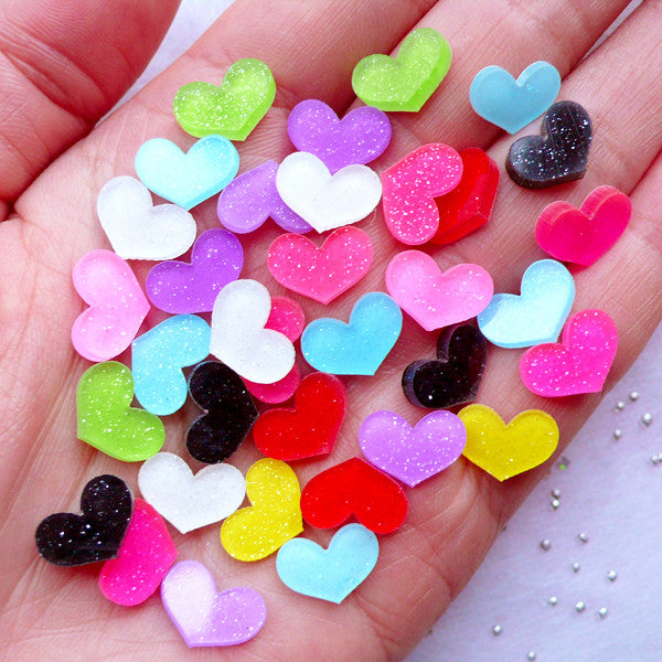 Tiny Mini Heart Cabochons with Glitter, Glittery Laser Cut Acrylic Ca, MiniatureSweet, Kawaii Resin Crafts, Decoden Cabochons Supplies