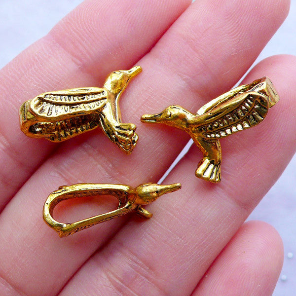 Hummingbird Charms | Flying Bird Pendant | Animal Jewellery | Large Hole Slider Beads | Bracelet & Necklace Making (7pcs / Antique Gold / 14mm x 20mm