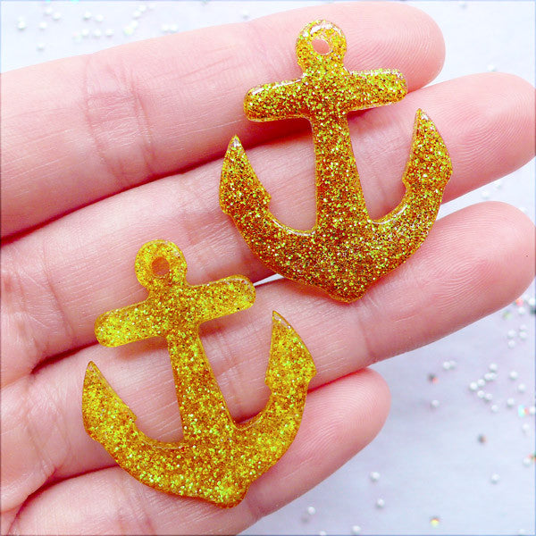 Glittery Anchor Charms, Anchor Pendant with Glitter, Anchor Cabochon, MiniatureSweet, Kawaii Resin Crafts, Decoden Cabochons Supplies