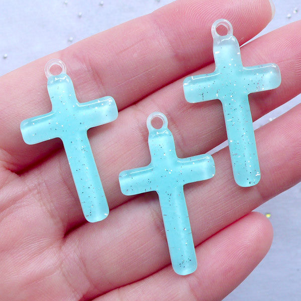 Resin Cross Charms, Glittery Cross Pendant, Cross Cabochon with Glit, MiniatureSweet, Kawaii Resin Crafts, Decoden Cabochons Supplies