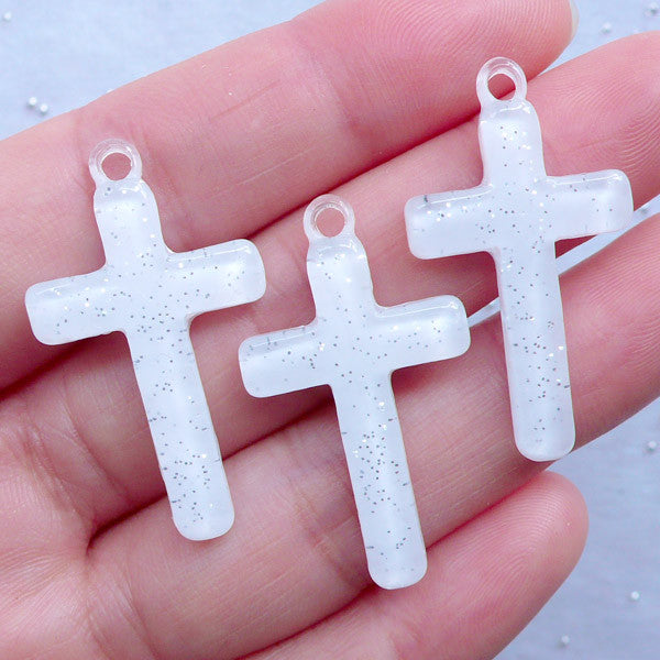 Kawaii Cross Charms with Glitter | Resin Cross Pendant | Cute Catholic  Jewellery DIY | Decoden Embellishments (3pcs / Pink / 19mm x 33mm)