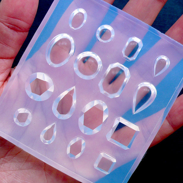 Gem & Rhinestone Silicone Molds (16 Cavity) | Clear UV Resin Soft Mould in  Various Shapes of Gems | Square Oval Teardrop Round Rectangle Gemstones and