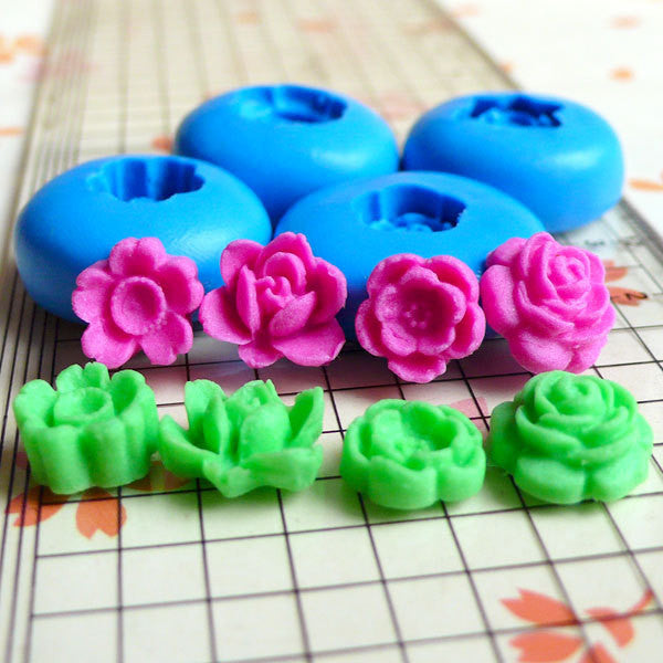 Set of 4 Mini Flower / Rose / Lotus Mold (10 to 12mm) Silicone Flexibl, MiniatureSweet, Kawaii Resin Crafts, Decoden Cabochons Supplies