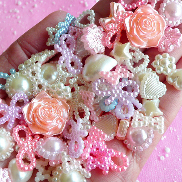 Acrylic Flower Beads with Pearl, Hair Bow Center, Fairy Kei Jewelry, MiniatureSweet, Kawaii Resin Crafts, Decoden Cabochons Supplies