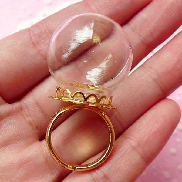 Miniature Terrarium Ring / Clear Glass Globe / Glass Bottle / Glass Bubble  / Glass Dome (24mm) with Gold Lace Adjustable Ring (1 Set) F046