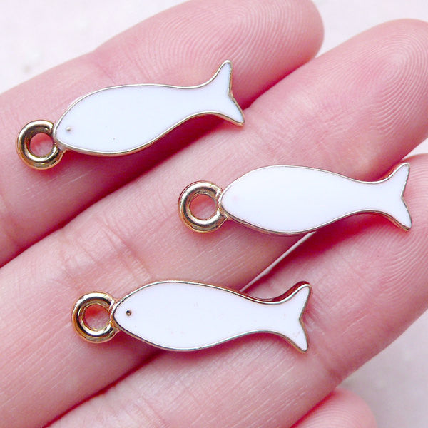 CLEARANCE Fish Enamel Charms (3pcs / 7mm x 22mm / White) Earphone Jack, MiniatureSweet, Kawaii Resin Crafts, Decoden Cabochons Supplies