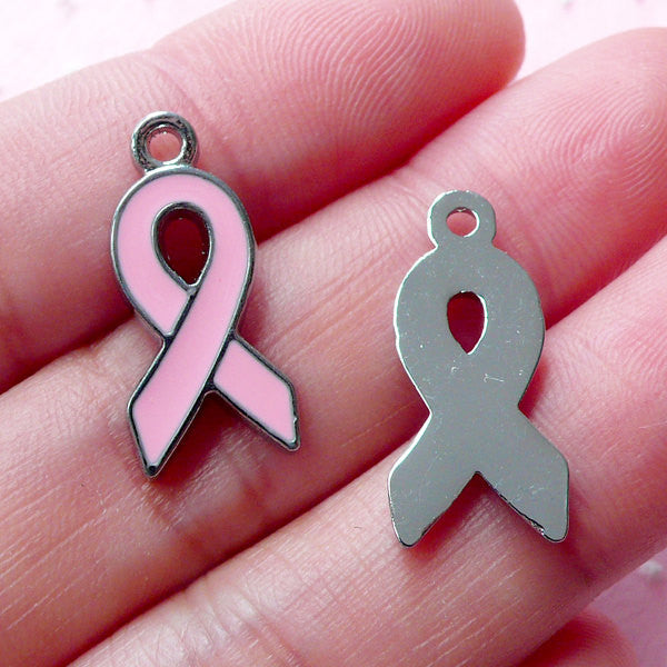 Mini Additions Breast Cancer Ribbon Charm Sterling Silver Hot Pink Enamel / 20 inch