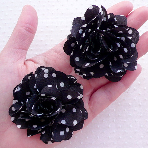 Polka Dot Chiffon Flower Chiffon Ruffle Floral Applique 2pcs