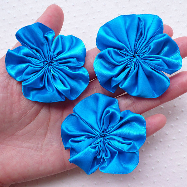 Ruffle Flower Applique / Satin Ribbon Fabric Flowers (3pcs / 5.5cm / Blue)  Shoe Embellishment Lapel Flowers Making Flower Scrapbooking B181