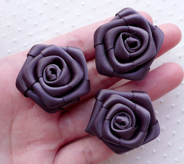 Black Satin Flower Applique / Black Fabric Flowers (1 piece / 8cm) Tod, MiniatureSweet, Kawaii Resin Crafts, Decoden Cabochons Supplies