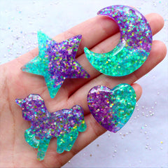 Confetti Star Pendant with Star Glitter | Kawaii Resin Cabochon | Decoden Star Charm | Mahou Kei Jewelry | Cute Embellishments (2pcs / Purple / 39mm x