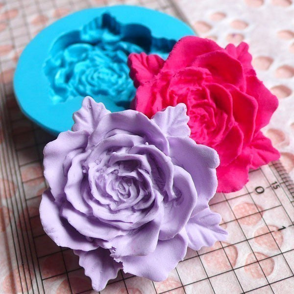 Flower / Rose with leaves (37mm) Silicone Flexible Push Mold Jewelry ...