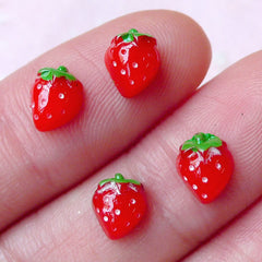 Mini Strawberry Cabochons Kawaii 3D Fruit Cabochon (4pcs / 12mm x 12mm, MiniatureSweet, Kawaii Resin Crafts, Decoden Cabochons Supplies