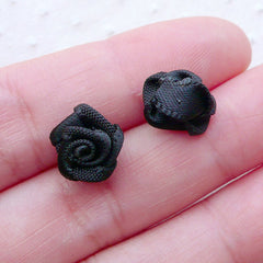 Black Satin Flower Applique / Black Fabric Flowers (1 piece / 8cm) Tod, MiniatureSweet, Kawaii Resin Crafts, Decoden Cabochons Supplies